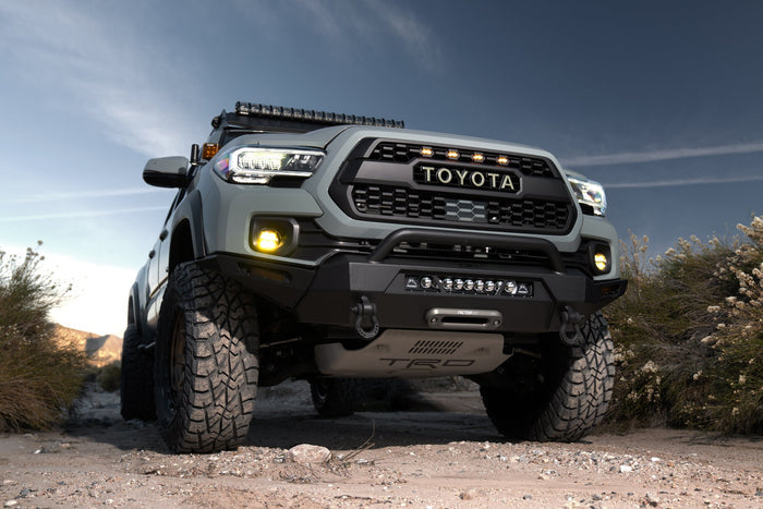 Body Armor 2016-2023 Toyota Tacoma Hiline Front Winch Bumper & 20" Blackout LED Light Bar Combo Beam With Wire Harness & 3/4 Black D-Ring With Isolators Single TC-19339 & 40022 & 3203