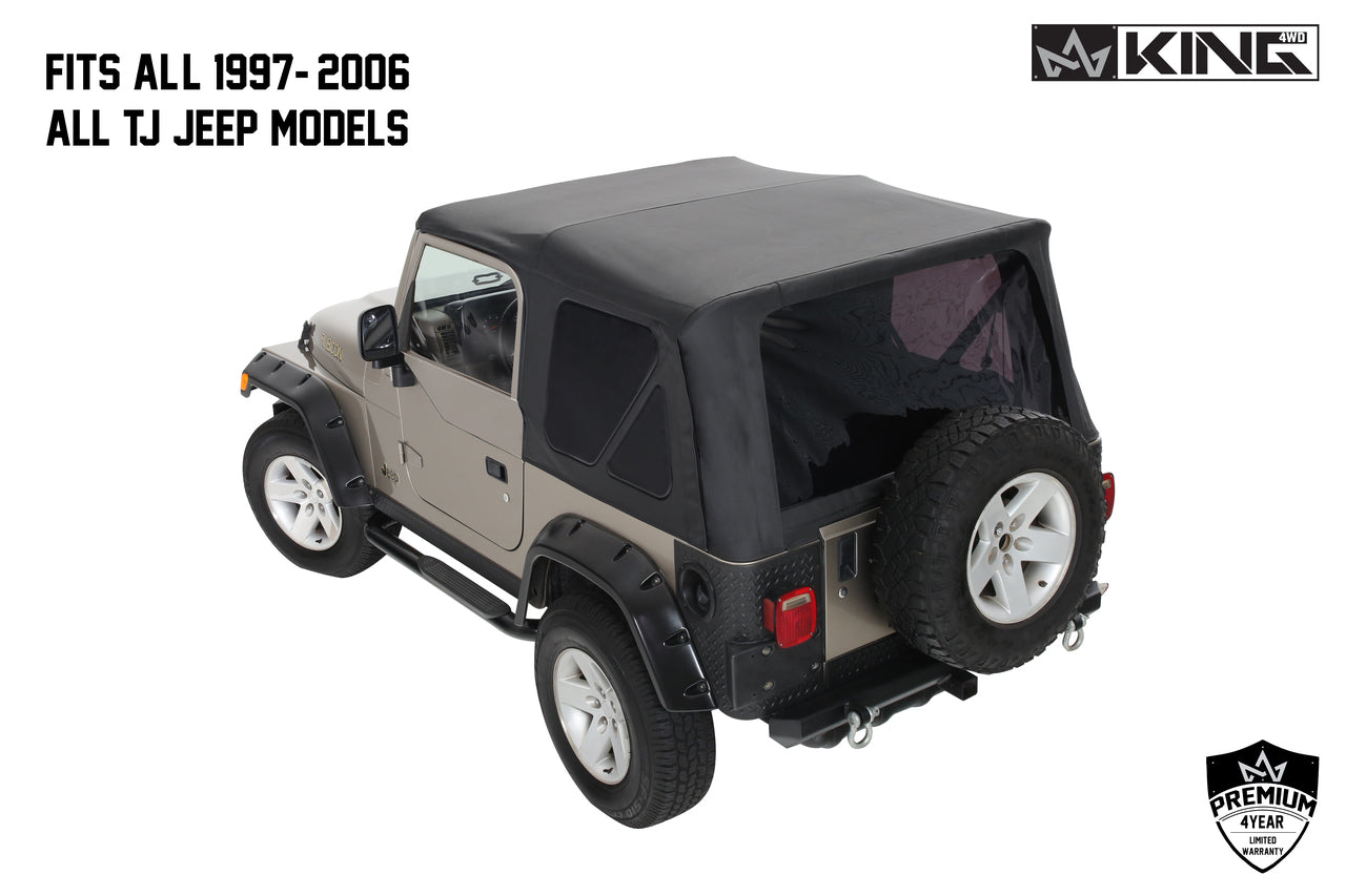 OVS 1997-2006 Jeep Wrangler TJ King 4WD Premium Replacement Soft Top Without Upper Doors Black Diamond With Tinted Windows 14010235