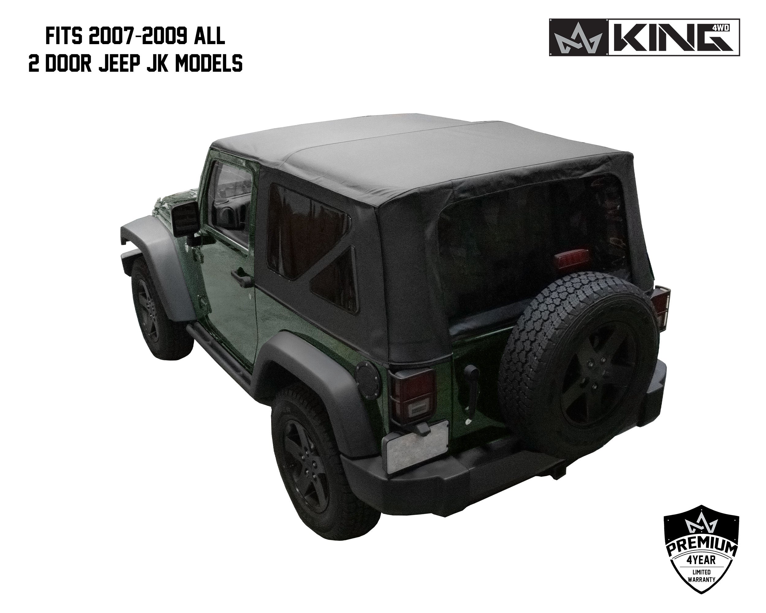 OVS 2007-2009 Jeep Wrangler JK 2 Door King 4WD Premium Replacement Soft Top Black Diamond With Tinted Windows 14010335