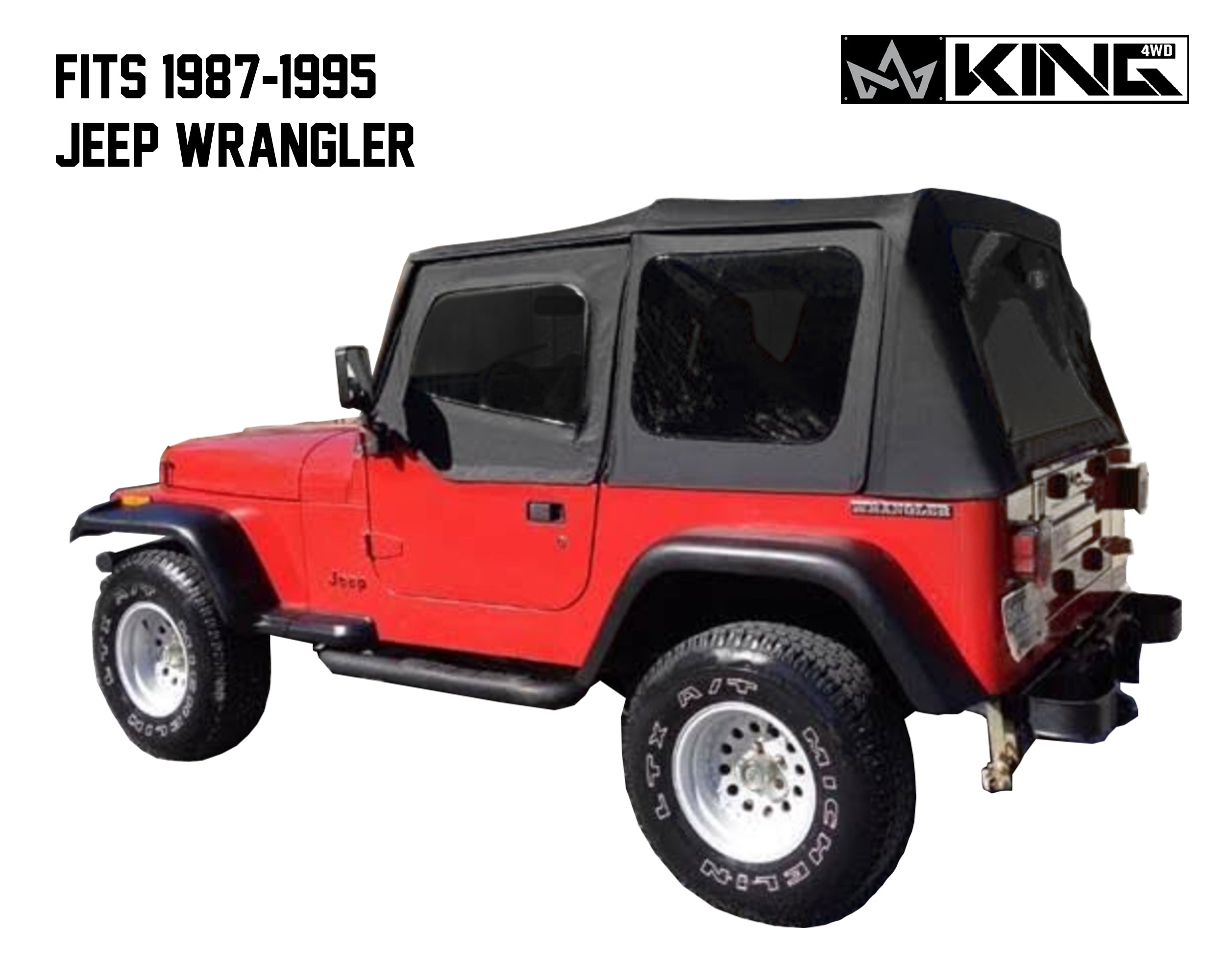 OVS 1987-1995 Jeep Wrangler YJ King 4WD Premium Replacement Soft Top Black Diamond With Tinted Windows 14011235