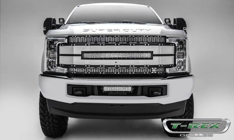 T-REX 2017-2019 Ford F-250 F-350 F-450 F-550 Super Duty With Camera Provision Main Replacement Grille 1 30" LED Light Bar Black With Brushed Aluminum Mesh and Trim 6315495