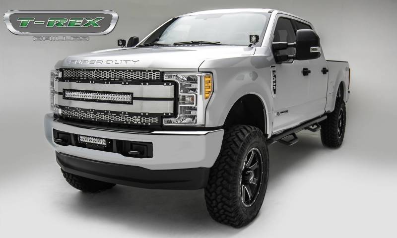 T-REX 2017-2019 Ford F-250 F-350 F-450 F-550 Super Duty With Camera Provision Main Replacement Grille 1 30" LED Light Bar Black With Brushed Aluminum Mesh and Trim 6315495