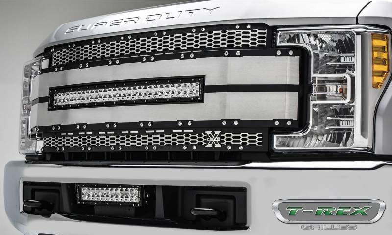 T-REX 2017-2019 Ford F-250 F-350 F-450 F-550 Super Duty Main Replacement Grille 1 30" LED Light Bar Black With Brushed Aluminum Mesh & Trim 6315485