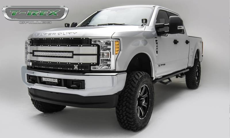 T-REX 2017-2019 Ford F-250 F-350 F-450 F-550 Super Duty Main Replacement Grille 1 30" LED Light Bar Black With Black Mesh And Brushed Aluminum And Trim 6315483