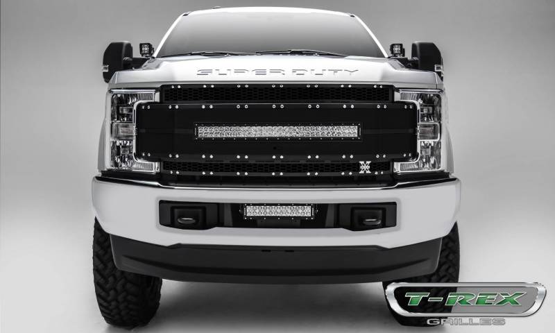 T-REX 2017-2019 Ford F-250 F-350 F-450 F-550 Super Duty With Camera Provision Main Replacement Grille 1 30" LED Light Bar Black With Black Mesh And Black Trim 6315491