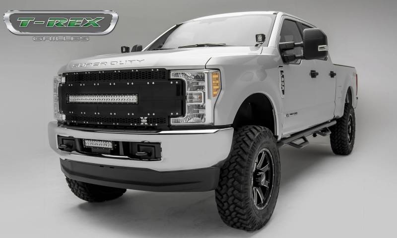 T-REX 2017-2019 Ford F-250 F-350 F-450 F-550 Super Duty With Camera Provision Main Replacement Grille 1 30" LED Light Bar Black With Black Mesh And Black Trim 6315491