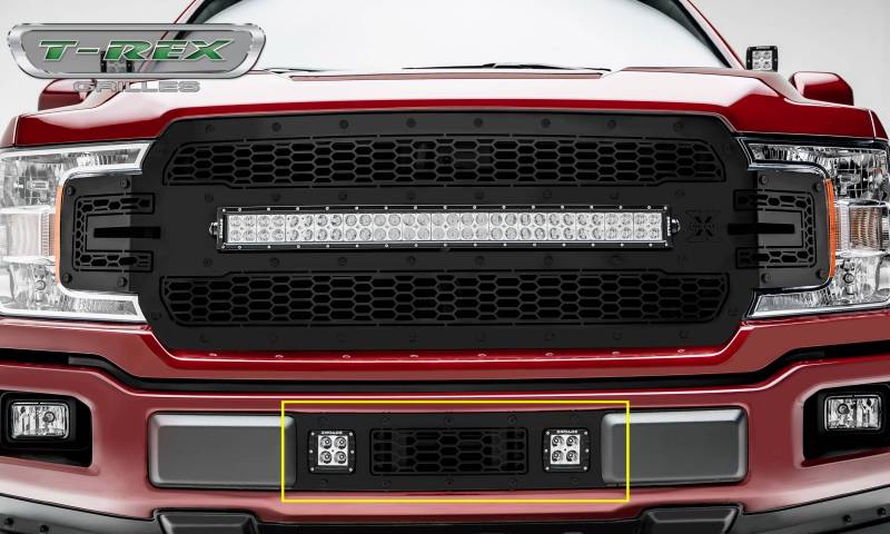 T-Rex 2018-2020 Ford F-150 Laser Stealth Bumper Grille Overlay (2) 3 Led Light Pods & Black Studs And Black Powdercoat Finish 7325711-BR