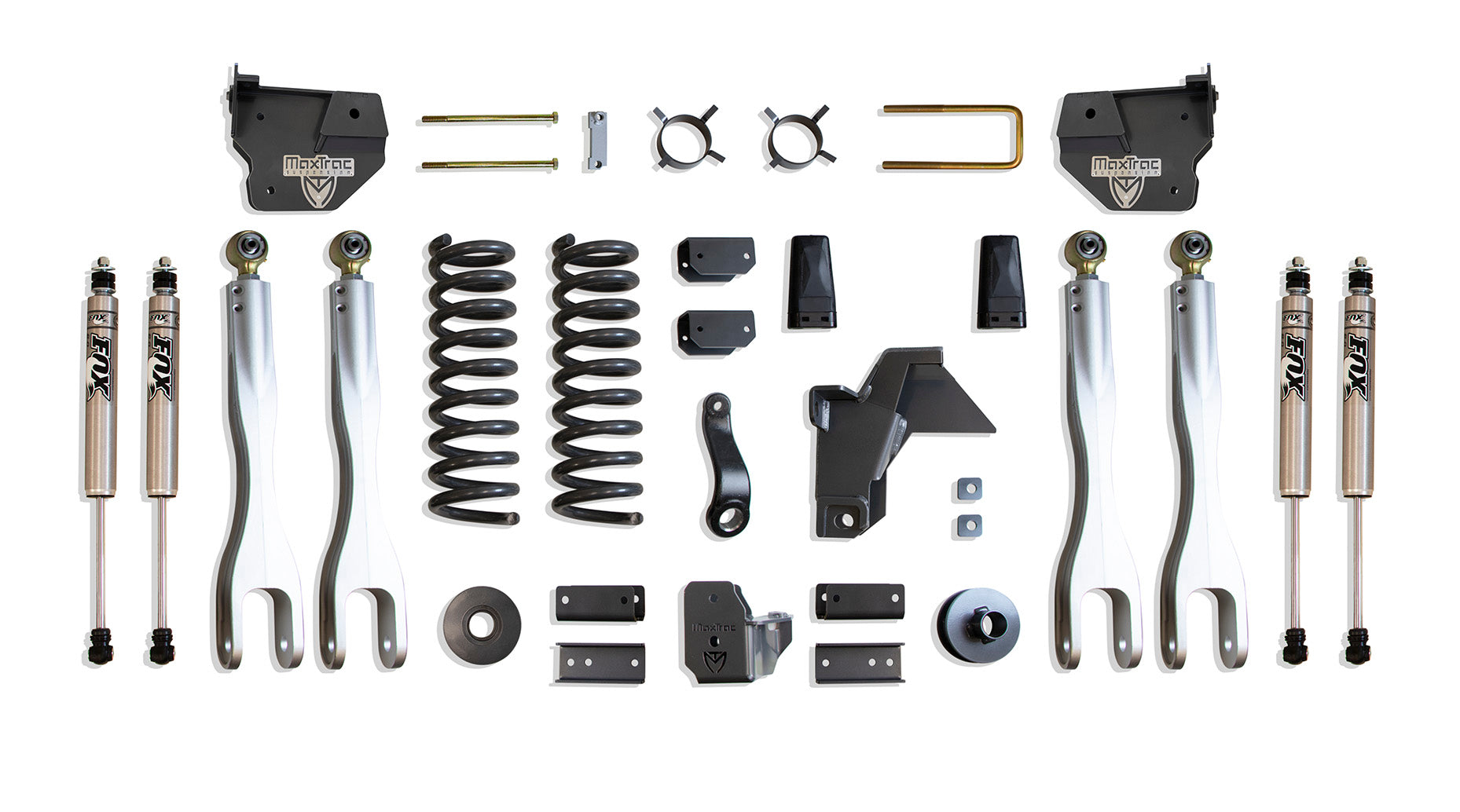 MaxTrac Suspension 8" Lift Kit Including Diesel Coils 4-Links Trac Bar Bracket Bump Stop Extensions & Front Rear Fox 2.0 Performance Series Shocks K947485FL