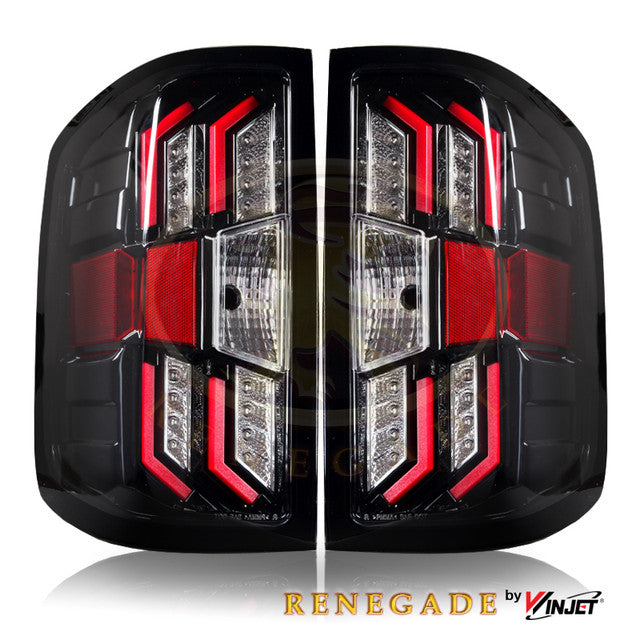 Renegade 2014-2018 Chevrolet Silverado 1500 2500 3500 LED Tail Lights Gloss Black Clear & Red Glow Bar CTRNG0383-GBC-RG